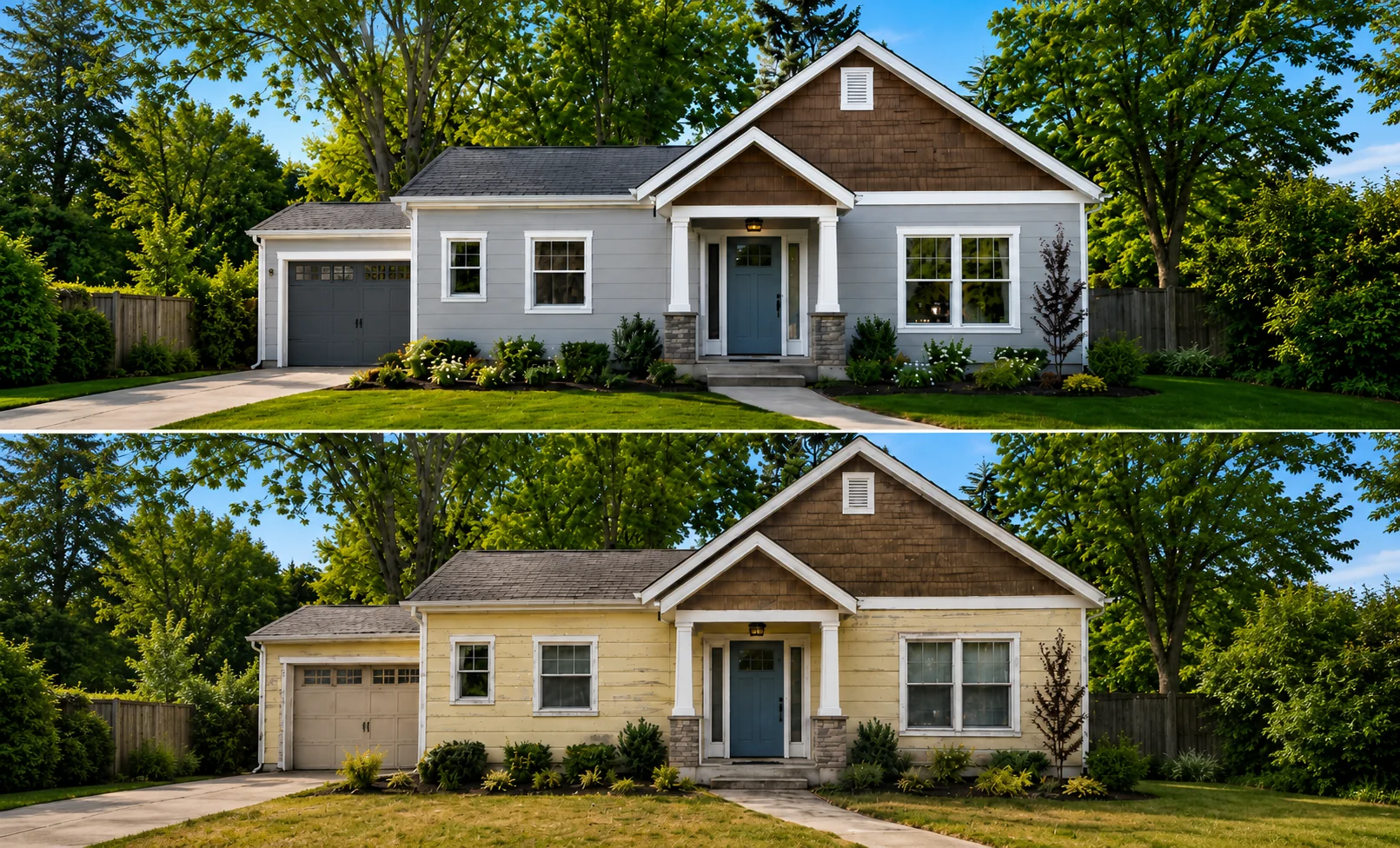 Two craftsman-style homes purchased by HomeWise in different conditions, demonstrating that we buy houses as-is regardless of cosmetic state